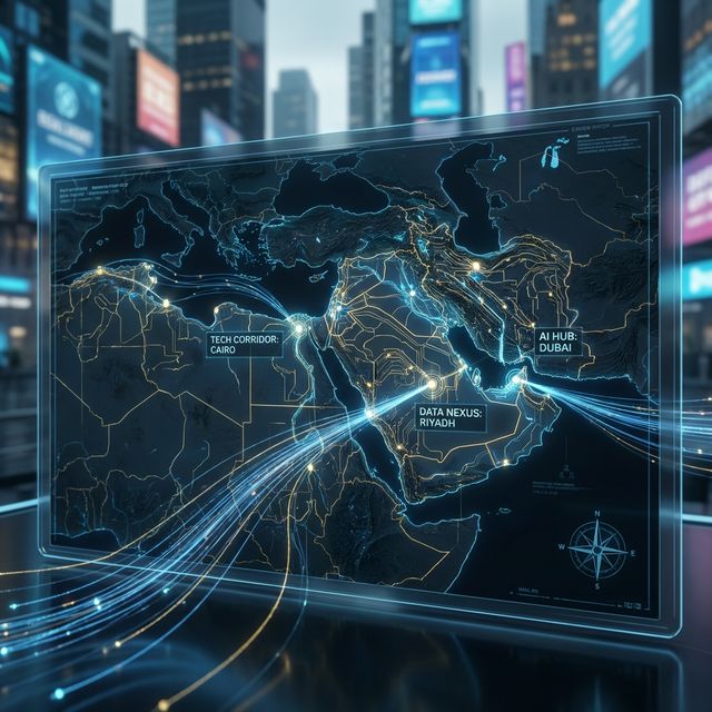 Futuristic digital map of the Middle East and North Africa (MENA) illustrating AI developments