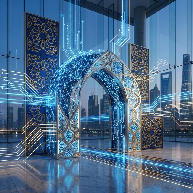 Abstract Middle Eastern geometric patterns and architectural elements blending with AI neural networks and digital technology