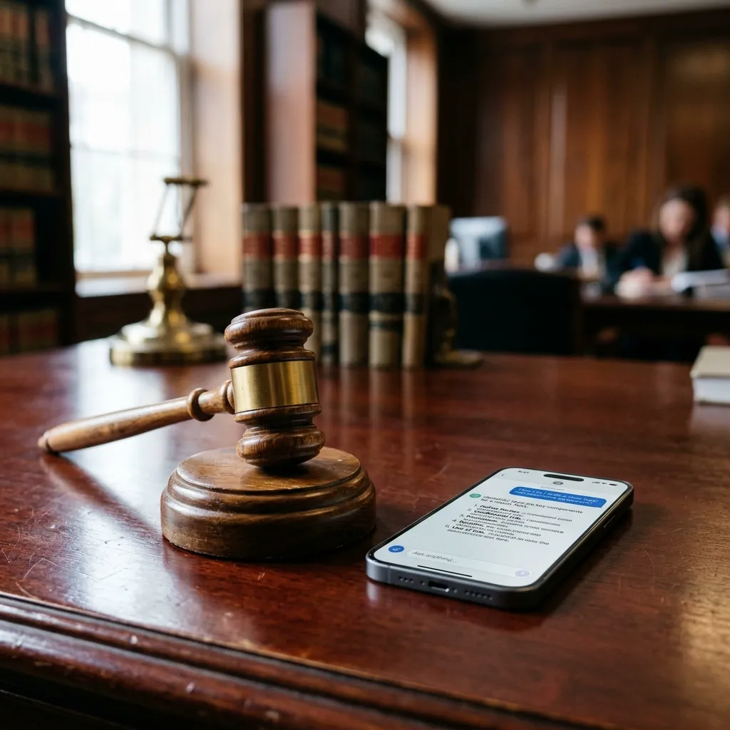 A gavel next to a smartphone showing AI chat interface