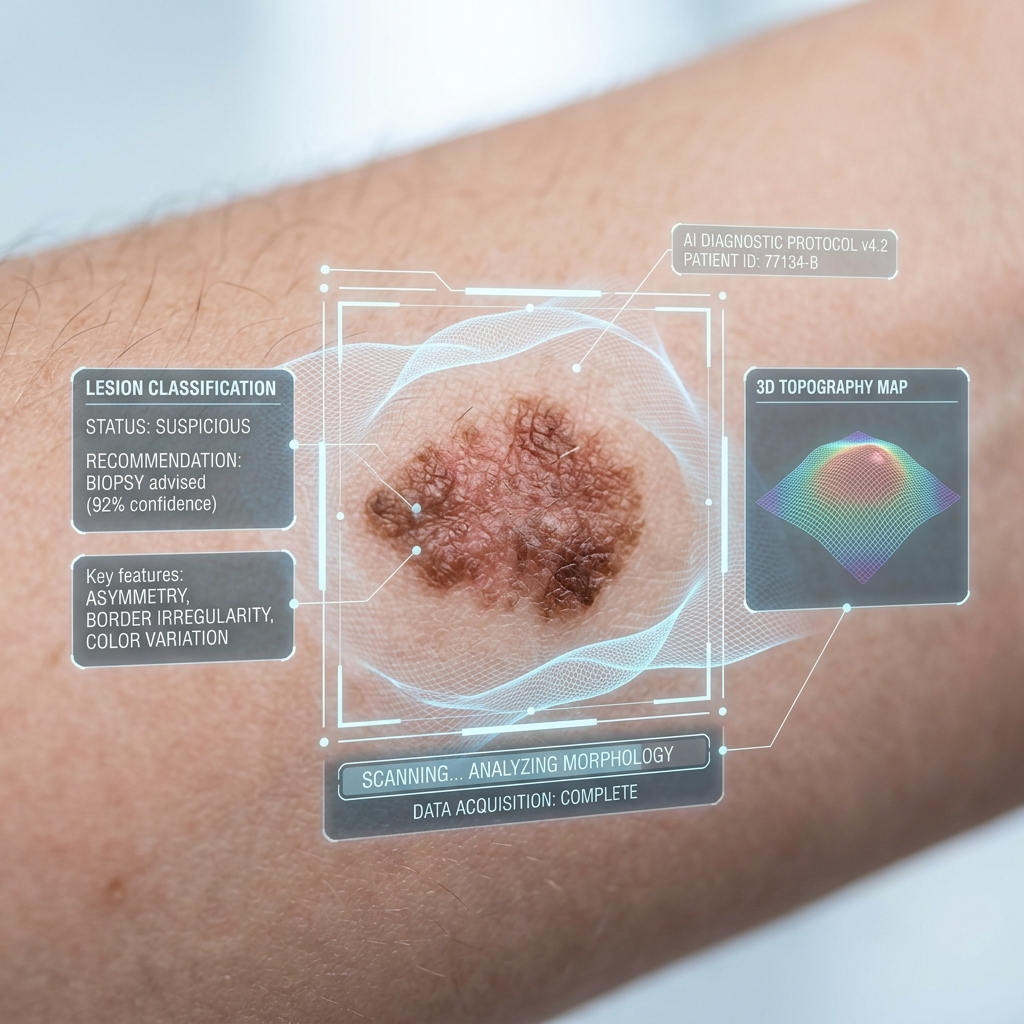 AI digital overlay scanning a skin lesion
