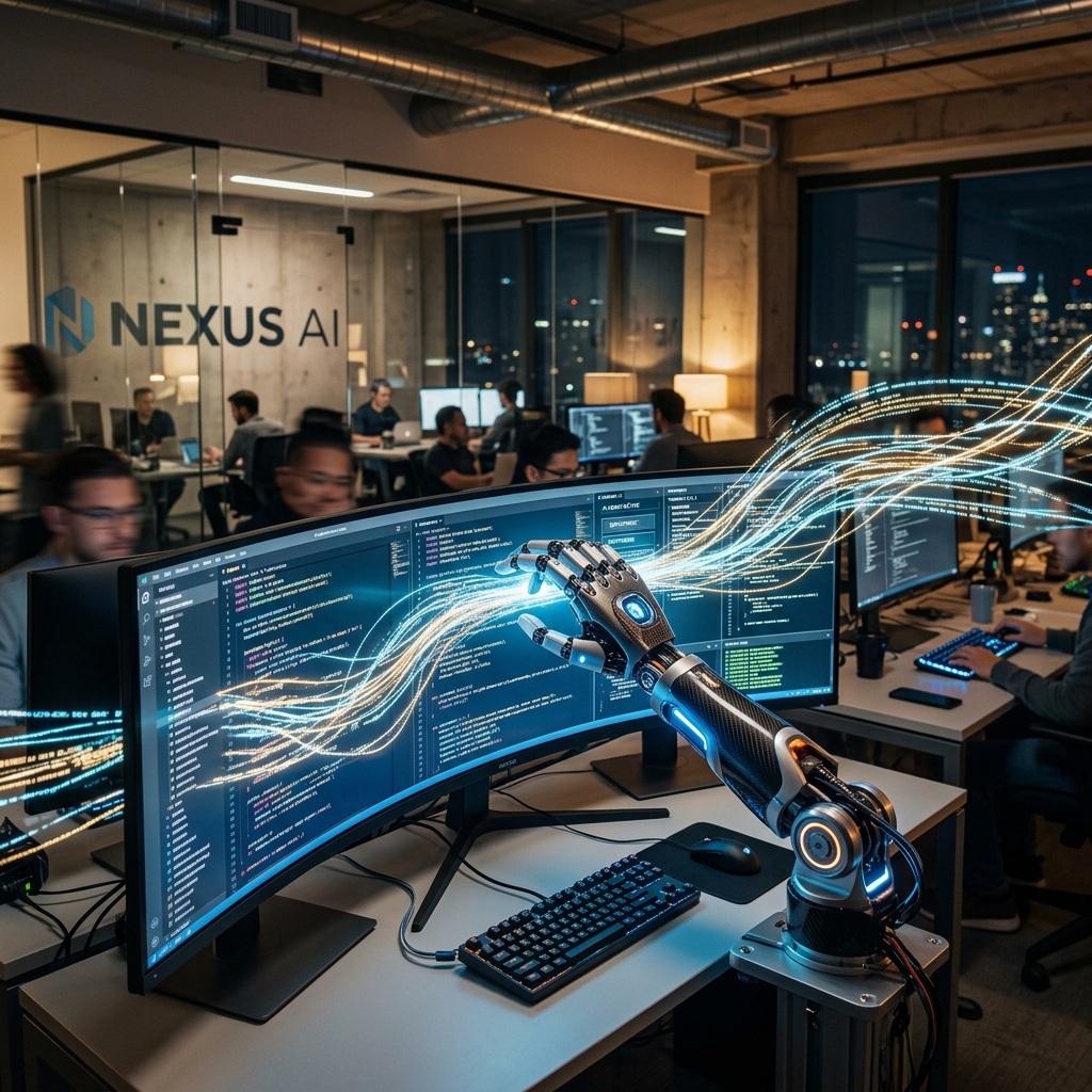 AI Autonomous Developers working in a high-tech office environment