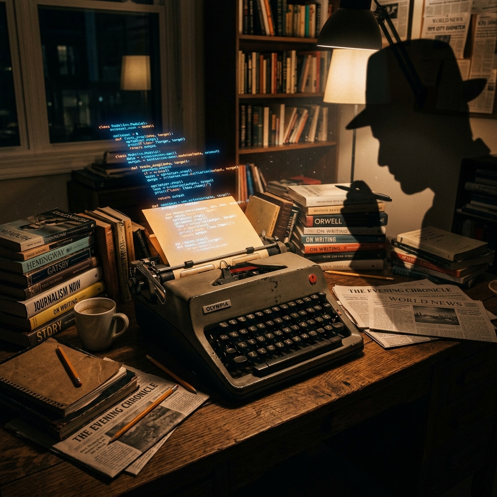 Typewriter with digital ghost interface, representing the hazards of AI-assisted writing