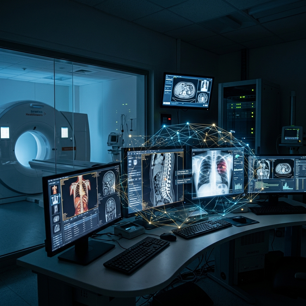 AI diagnostic interface in a modern radiology lab