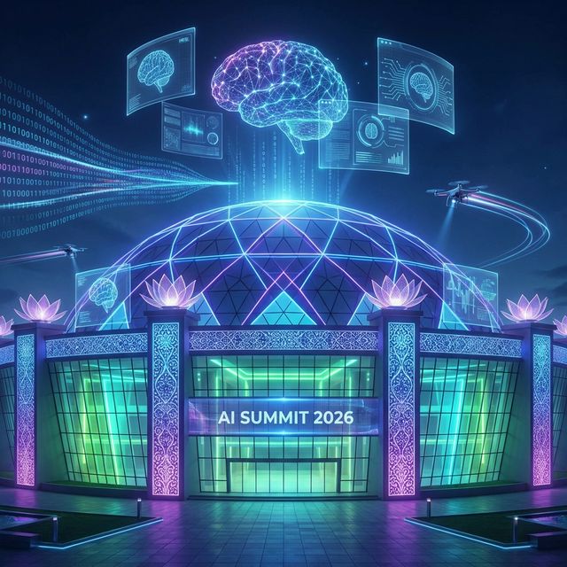 Futuristic digital illustration of Bharat Mandapam during AI Summit 2026