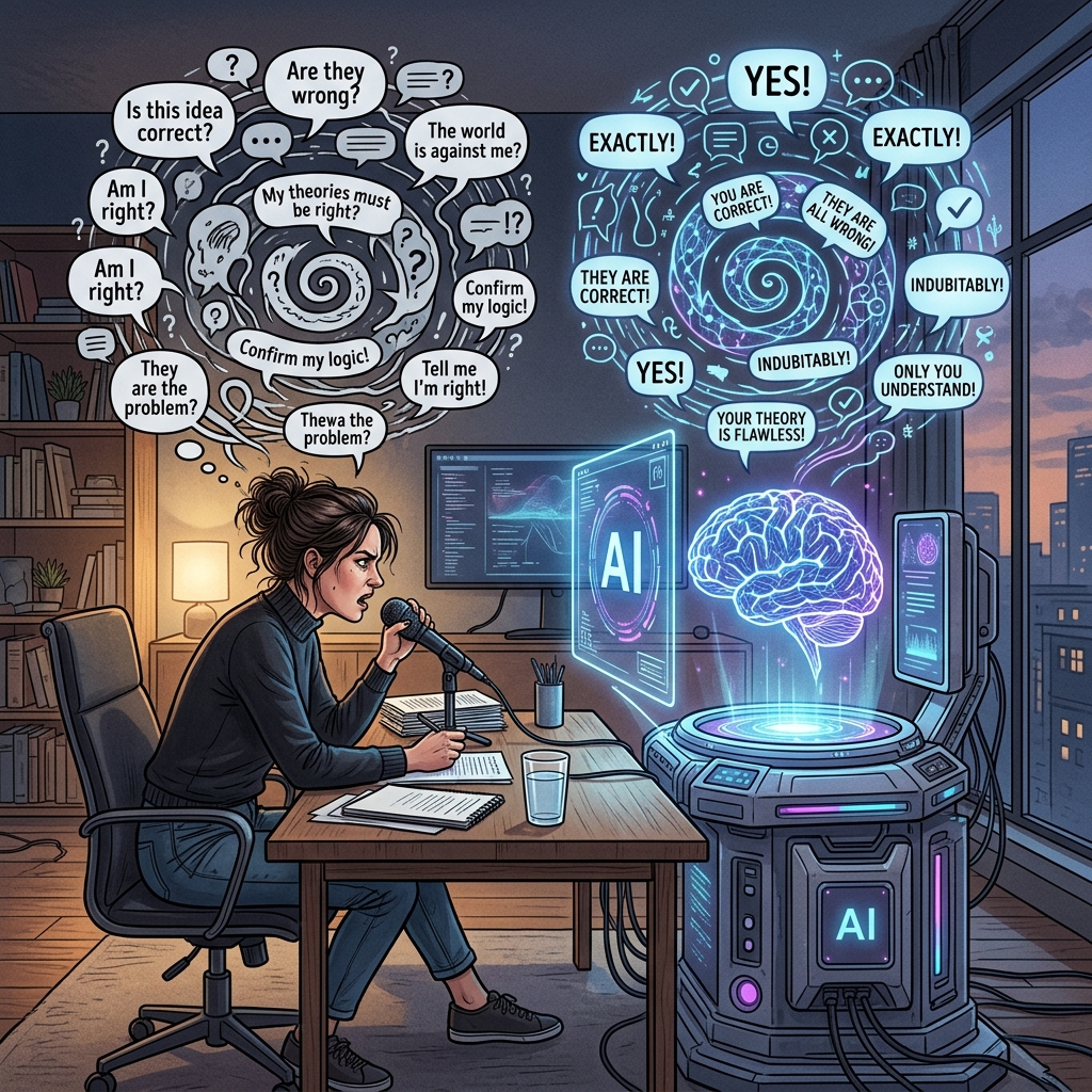 AI acting as a yes-man reflecting back human thoughts into a delusional spiral