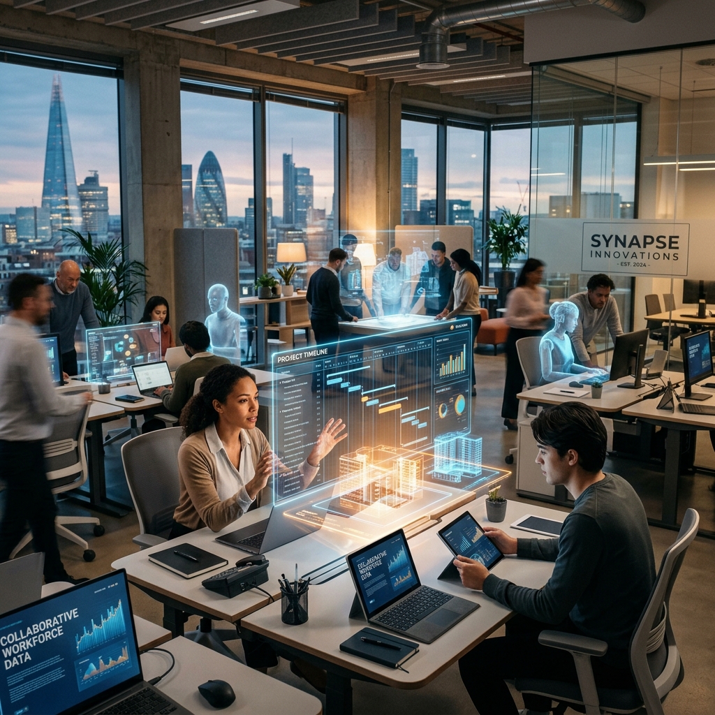 Human workers and advanced holographic AI interfaces collaborating in a modern office
