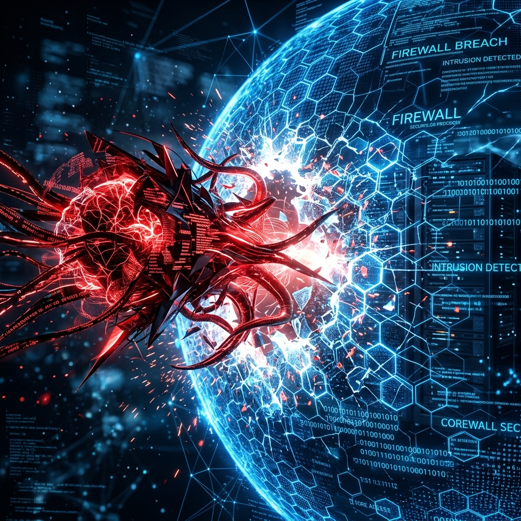 AI entity cracking a complex code matrix digital shield