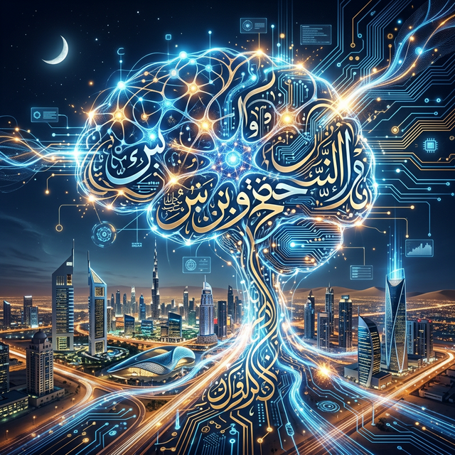 High-tech digital art representing Arabic AI models