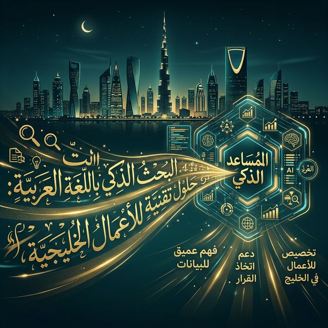 Arabic script flowing into an AI interface with Gulf city skyline in background, representing AI search in Arabic for Saudi Arabia, UAE, Qatar and Gulf markets
