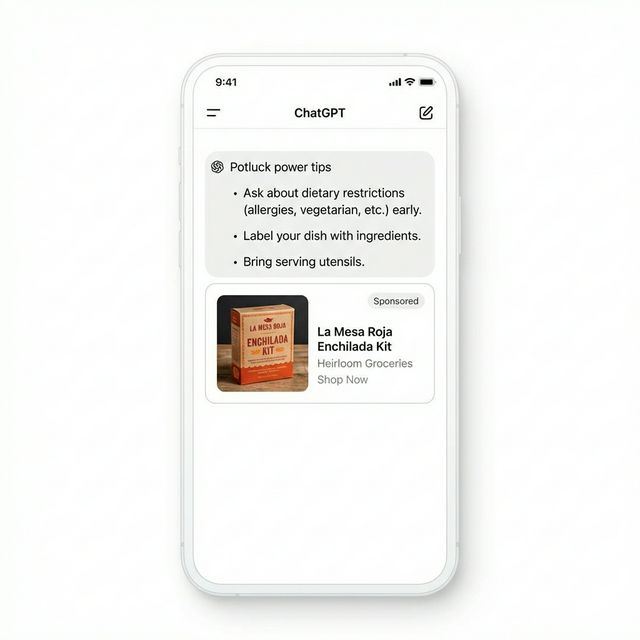 ChatGPT advertising interface showing ad for Heirloom Groceries