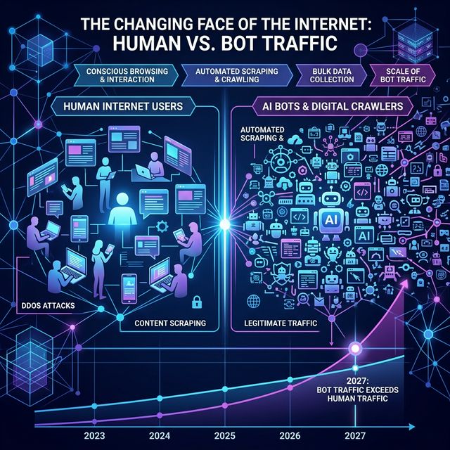 Infographic showing AI bot traffic overtaking human internet traffic by 2027