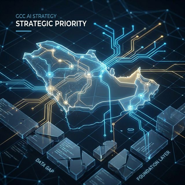 Digital illustration of GCC region map glowing with AI connections contrasting with fragmented data blocks