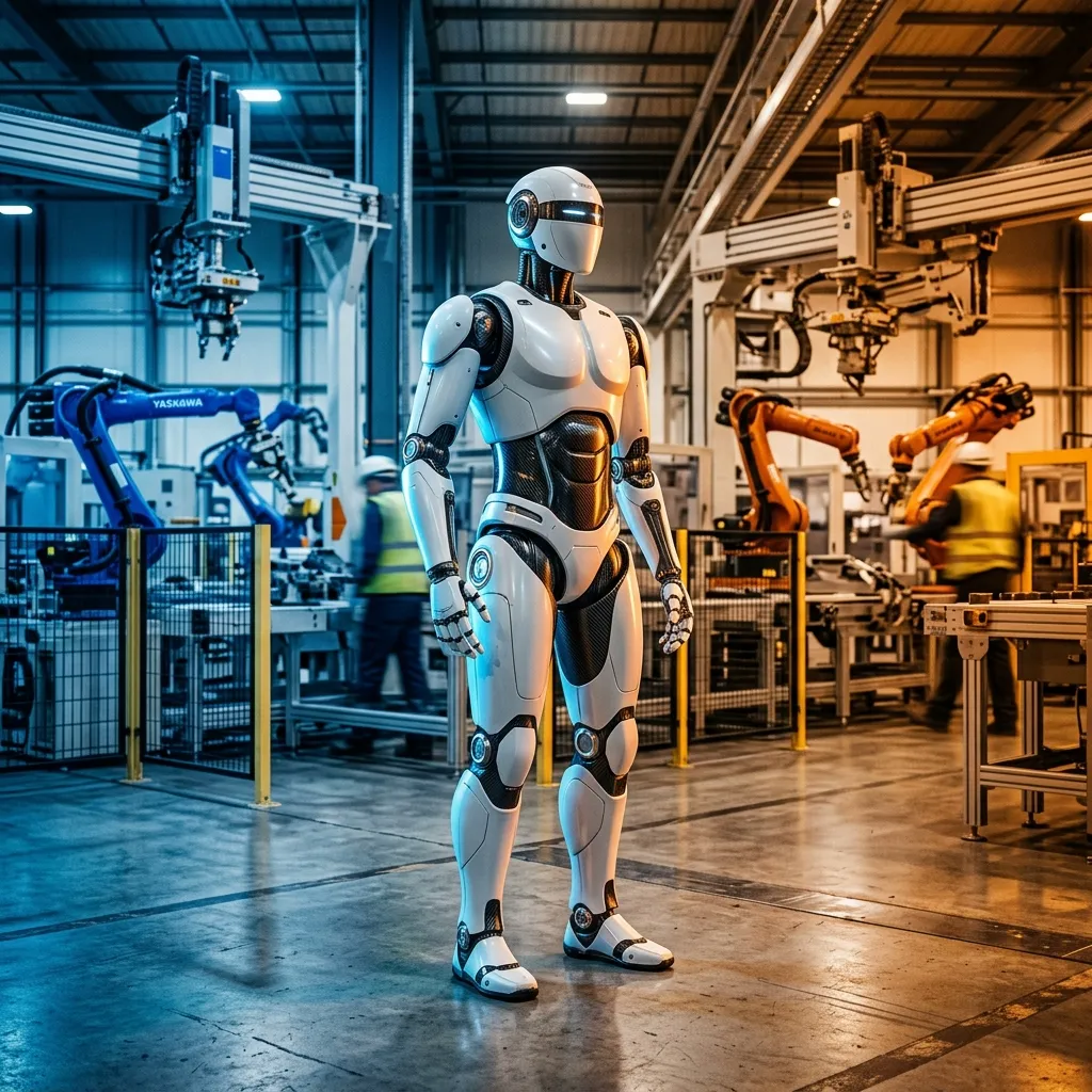 Humanoid robot in a modern industrial factory — China vs U.S. robotics race 2026