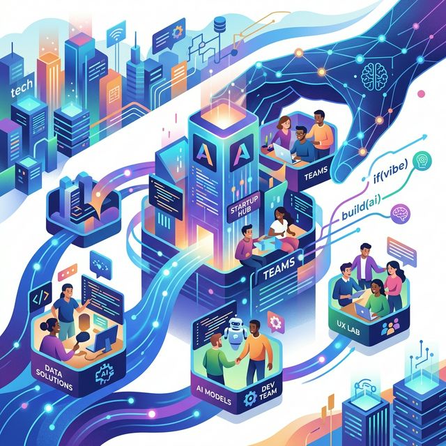 A modern, high-quality editorial illustration representing a tech startup acquiring other companies, themed around vibe-coding and AI app-building.
