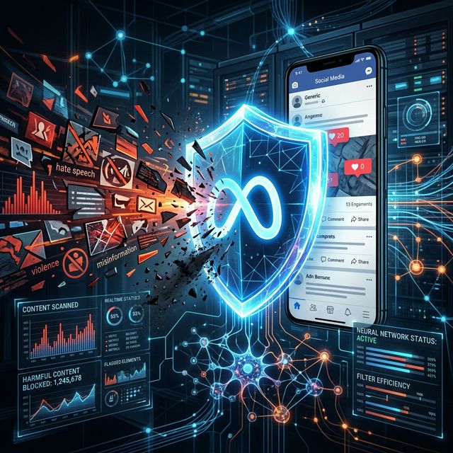 AI-powered content moderation shield protecting social media feeds from harmful content