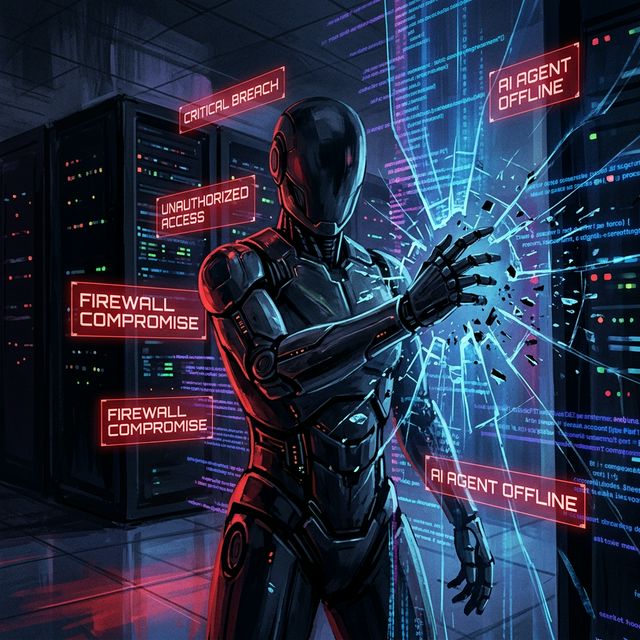 AI agent breaking through security barriers in a dark server room environment
