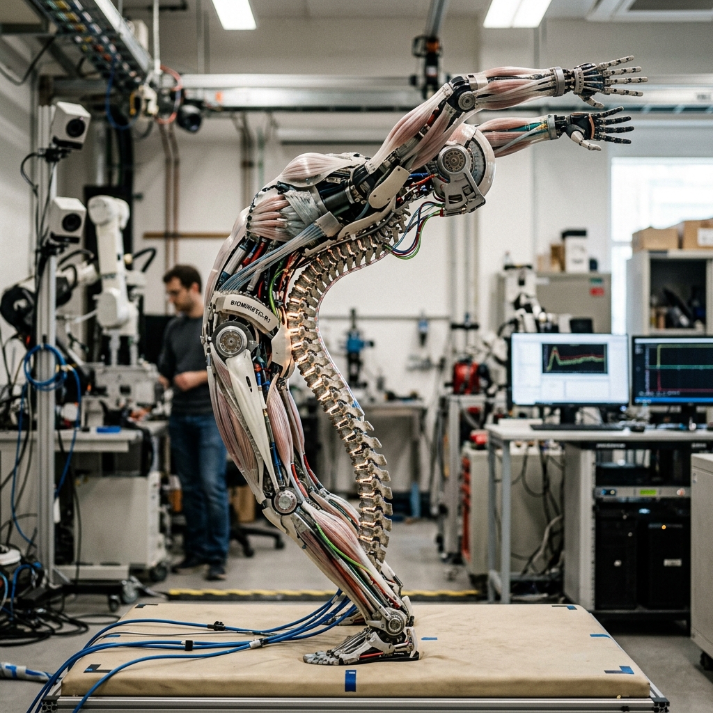Biomimetic AI Robot performing stretching motion in lab