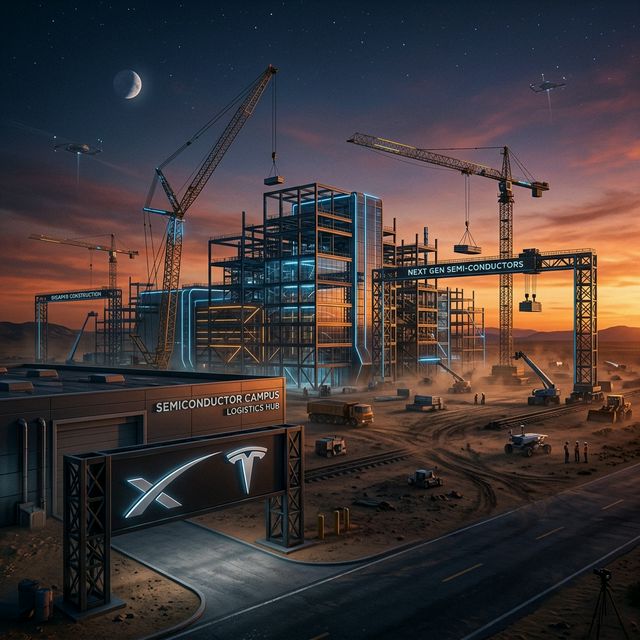 Futuristic semiconductor chip fabrication facility under construction in Austin, Texas, representing Elon Musk's Terafab plans for SpaceX and Tesla