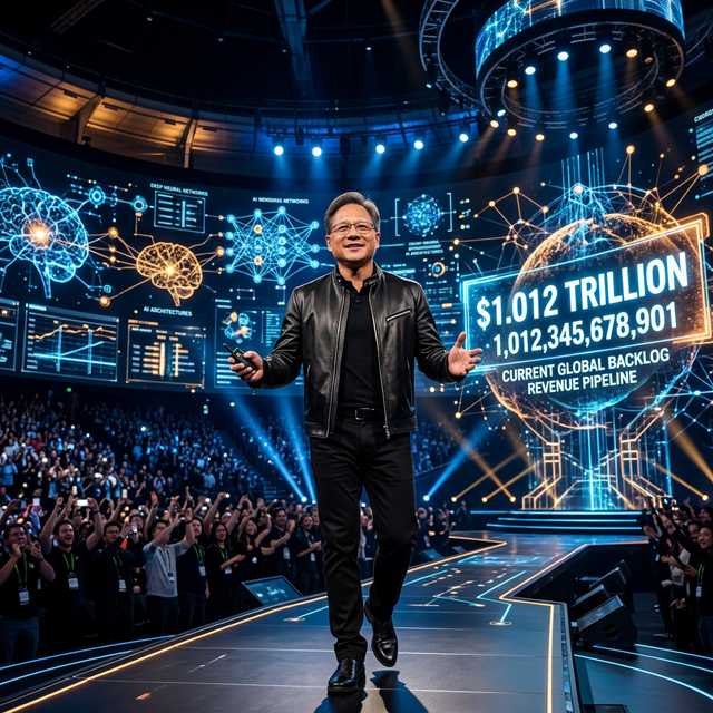 Nvidia CEO Jensen Huang onstage in San Jose with holographic displays