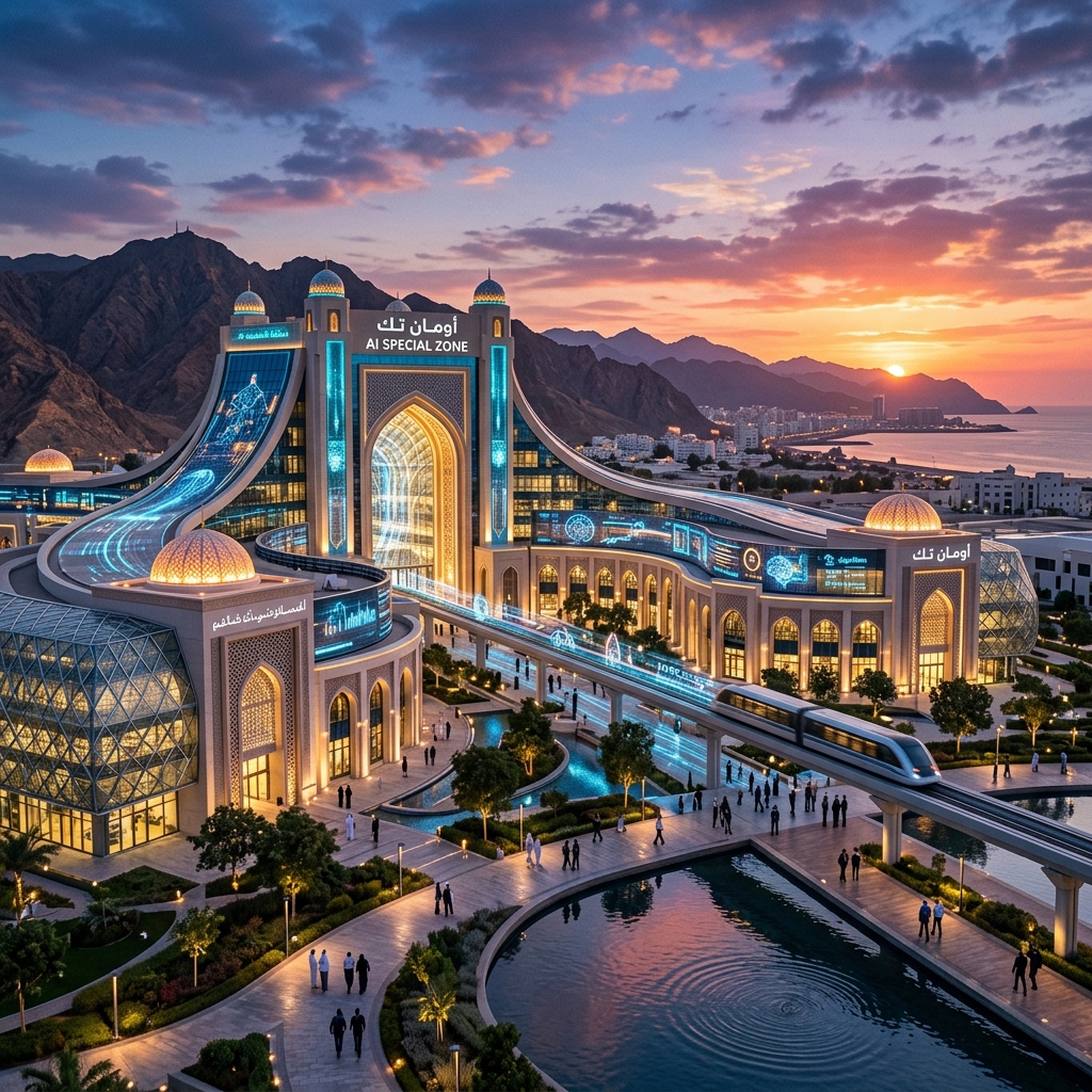 Futuristic technology park in Oman blending traditional design with glowing AI data streams at sunset