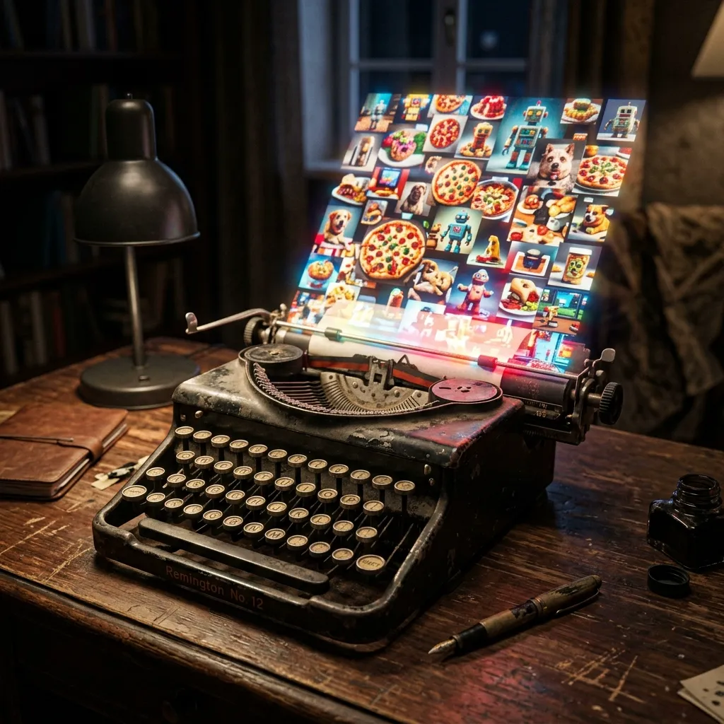 Orwell's typewriter with a holographic flood of AI generated content