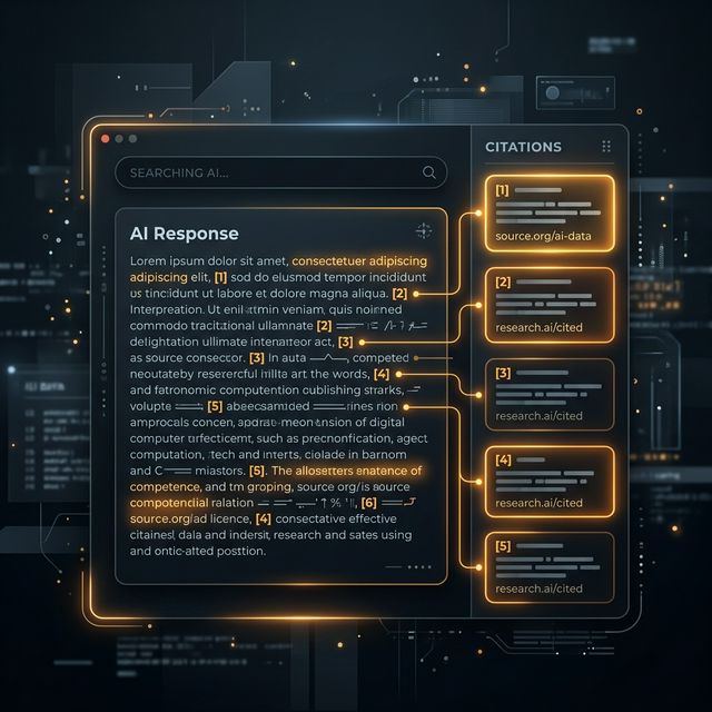 Perplexity AI search results showing cited source URLs highlighted in orange, demonstrating citation-based AI answers