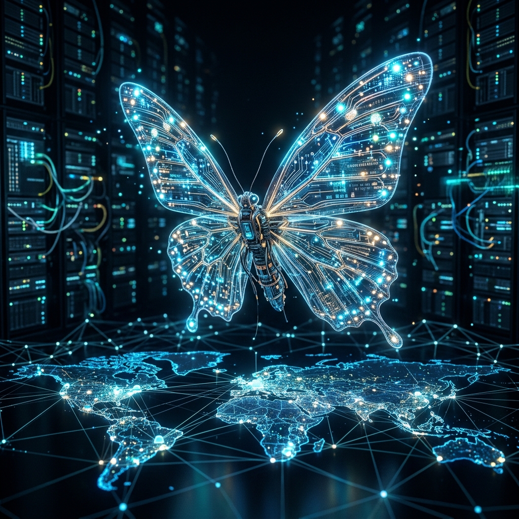Digital butterfly with translucent circuitry wings hovering over server network