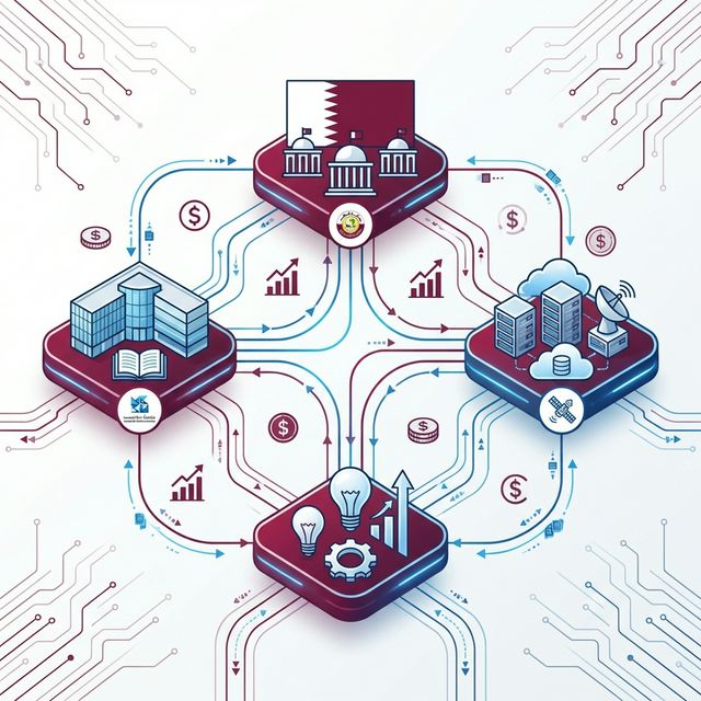 Diagram showing Qatar's AI investment ecosystem connecting government, universities, startups, and infrastructure