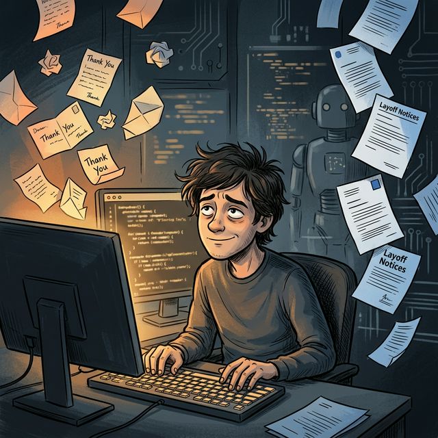 Developer at a computer surrounded by thank-you notes and layoff notices, illustrating the AI jobs paradox
