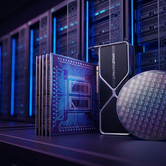 AMD Instinct GPU card alongside Samsung HBM4 chip wafer in a data centre environment