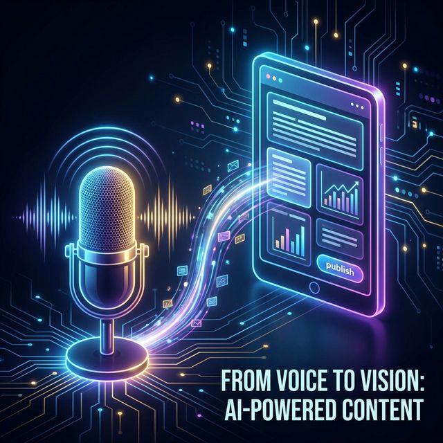 A modern illustration showing a glowing microphone transforming into structured social media content, symbolizing Saystory's AI functionality