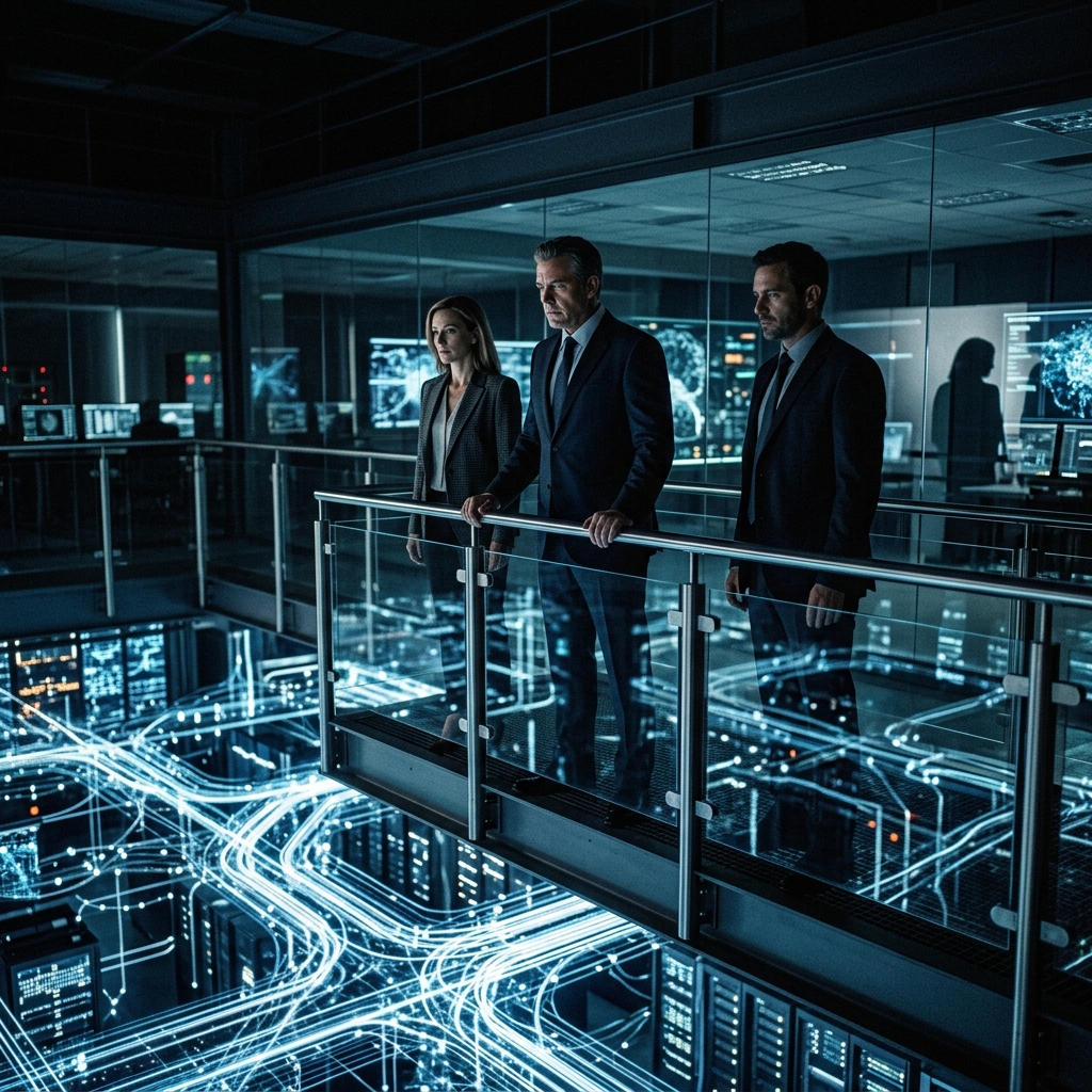 Silicon Valley tech executives observing glowing AI network