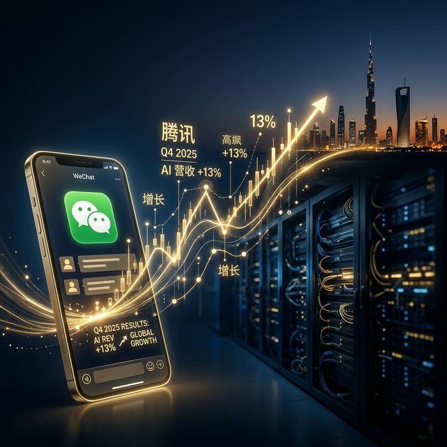 Tencent WeChat interface alongside financial growth charts and Dubai skyline