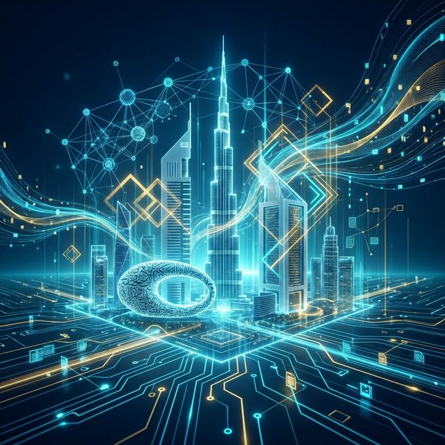 Futuristic digital illustration of Dubai skyline with AI network nodes