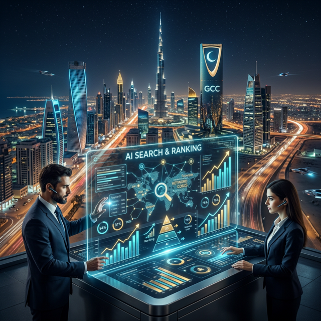 A professional and premium-looking image representing AI search, ranking, and digital marketing in the GCC region