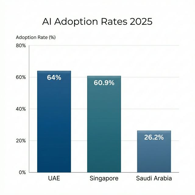 Chart comparing AI adoption: UAE 64%, Singapore 60.9%, KSA 26.2%