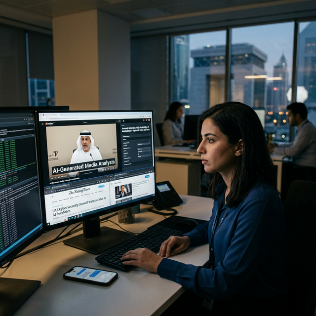 Realistic and natural image depicting the concept of AI deepfakes and digital deception, a person looking at a screen with synthetic media, modern, cinematic lighting