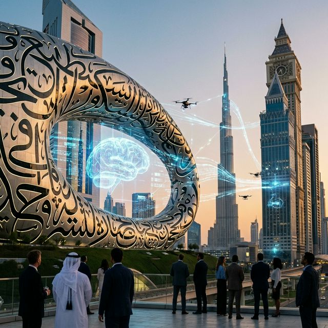 A cinematic, futuristic view of the United Arab Emirates representing the integration of AI models and advanced technology within iconic architecture.