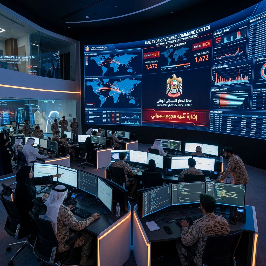 Futuristic digital defense command center in the UAE